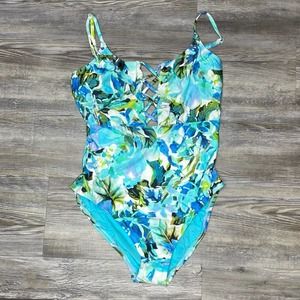 La Blanca Women's Blue Multi Floral Strappy Front/Back Swimsuit sz 8 EUC